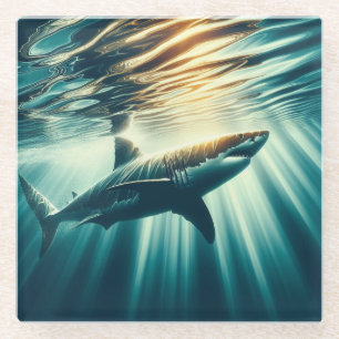 Dessous-de-verre En Verre Requin dans la mer bleue profonde & soleil