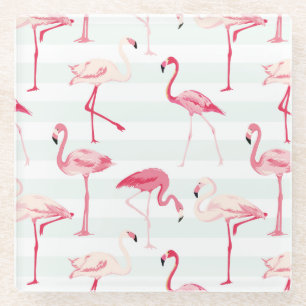 Dessous-de-verre En Verre Rétros Flamants roses sur les rayures en bon éta