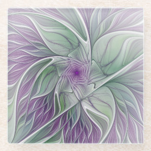Dessous-de-verre En Verre Rêve de fleurs, Abstrait violet vert Fractal Art