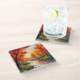 Dessous-de-verre En Verre Rivière d'Automne Aquarelle de la nature du feui