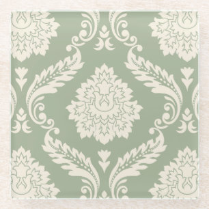 Dessous-de-verre En Verre Rococo Damassé Grand Motif Crème sur Vert
