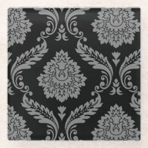 Dessous-de-verre En Verre Rococo Damassé Motif Décalé Gris sur Fond Noir