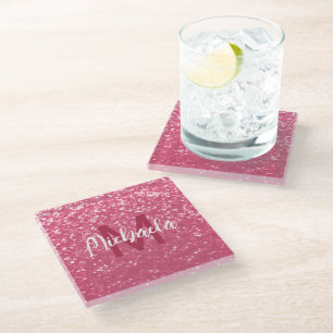 Dessous-de-verre En Verre Rose faux pailleté rose clair Monogramme