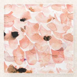 Dessous-de-verre En Verre Rose, pivoine, feuille, motif aquarelle.