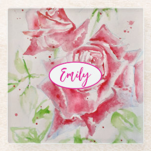 Dessous-de-verre En Verre Rose rose Rose Aquarelle Fleur Floral art
