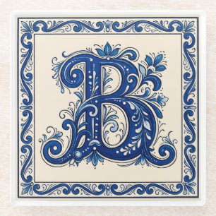 Dessous-de-verre En Verre Rosemaling Monogram - Bleu de Prusse