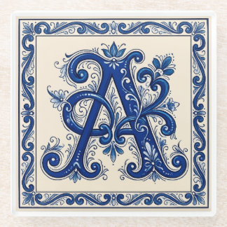Dessous-de-verre En Verre Rosemaling Monogram Prussian Blue