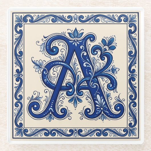 Dessous-de-verre En Verre Rosemaling Monogram Prussian Blue (Devant)