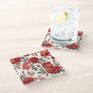 Dessous-de-verre En Verre Roses Rouges Aquarelle Florale Botanique Peinte