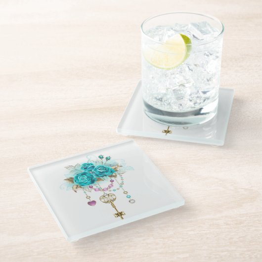 Dessous-de-verre En Verre Roses turquoise avec touches (Incliné)