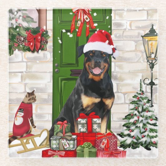 Dessous-de-verre En Verre Rotweiler Chien Noël (Devant)