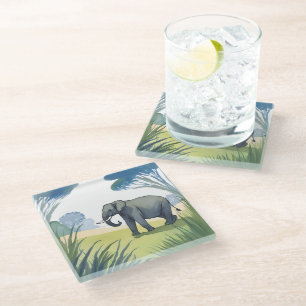 Dessous-de-verre En Verre Safari aux éléphants   Aquarelle de la belle natur