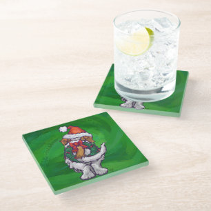 Dessous-de-verre En Verre Saint Bernard mignonne à Santa Chapeau sur Vert