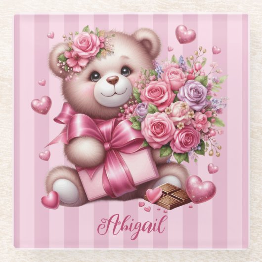 Dessous-de-verre En Verre Saint Valentin Amour Rose Ours (Devant)