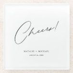 Dessous-de-verre En Verre Salue Moderne Unique Personnalisé Mariage Personna<br><div class="desc">Vous cherchez une faveur unique et personnalisée pour votre mariage que vos invités aimeront? Ne cherchez pas plus loin que ces Cheers Unique Moderne Personnalisé Dessous de verre de verre de mariage personnalisé! Avec un design simple mais élégant avec le mot "Cheers" dans une police de script de calligraphie moderne,...</div>