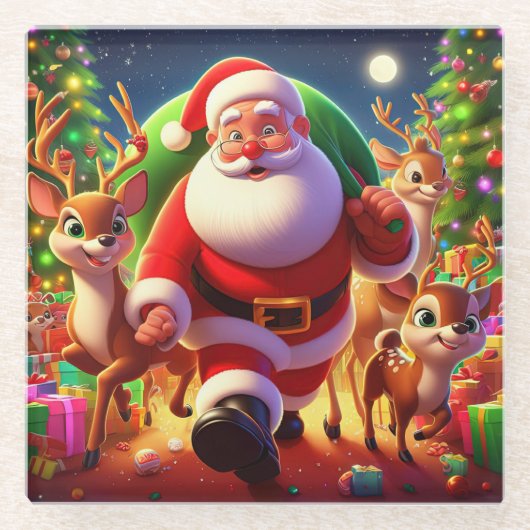 Dessous-de-verre En Verre Santa Claus et 2 rennes (Devant)