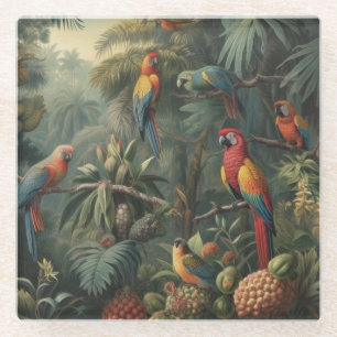 Dessous-de-verre En Verre Scène botanique de perroquets et ananas