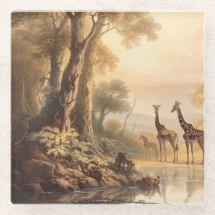Dessous-de-verre En Verre Scène botanique de trois girafes près d'une rivièr