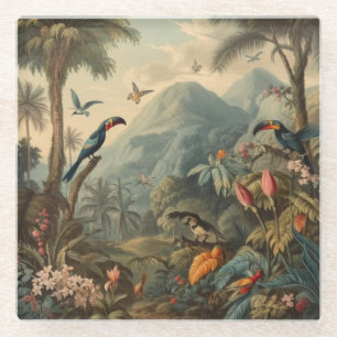 Dessous-de-verre En Verre Scène botanique vintage de Toucans et fleurs
