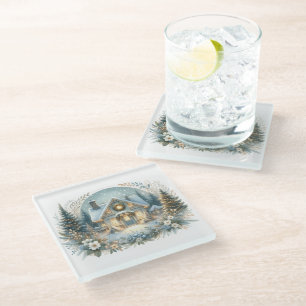 Dessous-de-verre En Verre Scène de Cabane enneigée lumineuse