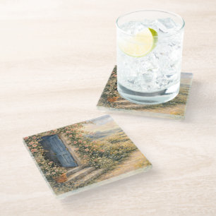 Dessous-de-verre En Verre Scène de chemin fleuri à la porte bleue du jardin