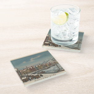 Dessous-de-verre En Verre Scène de Noël vintage Bergen, Norvège en verre côt