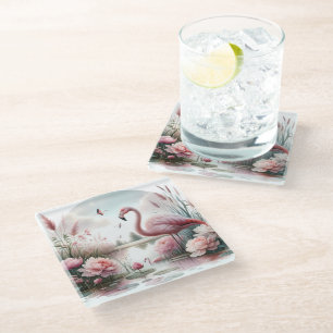 Dessous-de-verre En Verre Scène florale de flamant rose dans un étang pastel