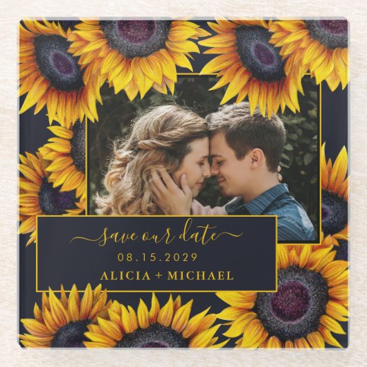 Dessous-de-verre En Verre Script de tournesol rustique mariage photo enregis (Devant)