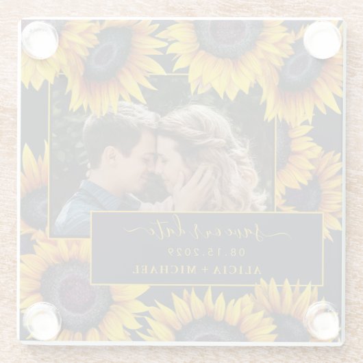Dessous-de-verre En Verre Script de tournesol rustique mariage photo enregis (Dos)