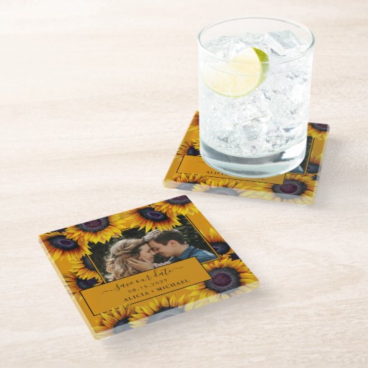 Dessous-de-verre En Verre Script de tournesol rustique photo mariage date de (Incliné)