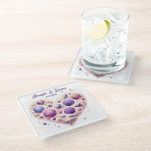 Dessous-de-verre En Verre Seashell Beach Valentine Anniversary Names (Incliné)