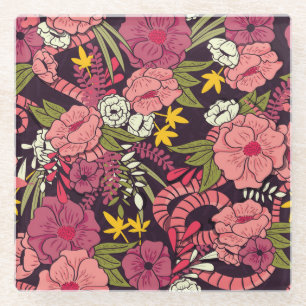 Dessous-de-verre En Verre Serpents de la jungle, fleurs tropicales, motif vi