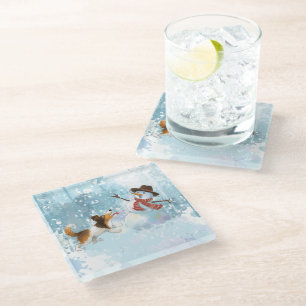 Dessous-de-verre En Verre Sheldon le Sheltie et le Bonhomme de Neige