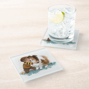 Dessous-de-verre En Verre Sheltie et garçon câlinent