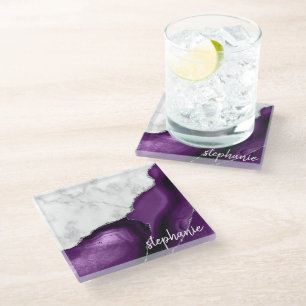 Dessous-de-verre En Verre Signature Marbre Blanc Agate Violette Argent