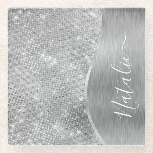 Dessous-de-verre En Verre Silver Glitter Glam Bling Personalized (Devant)