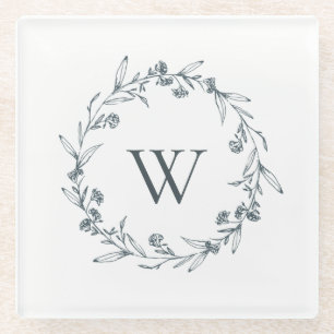 Dessous-de-verre En Verre Simple Elégant Gris Floral Laurel Wreath Monogram
