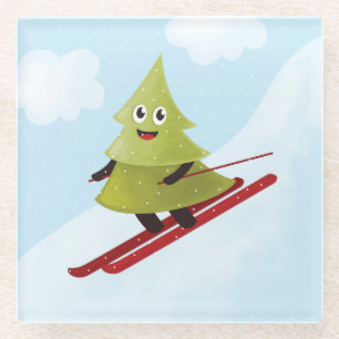 Dessous-de-verre En Verre Ski Pine Arbre Cute Sports Neige hiver