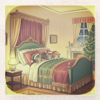 Dessous-de-verre En Verre Sleeping Christmas Cats Glass Coaster
