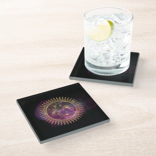 Dessous-de-verre En Verre Soleil céleste pourpre et lune (Incliné)
