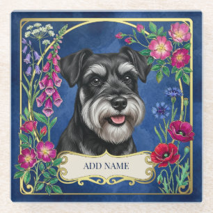 Dessous-de-verre En Verre Sous-tasse bleu personnalisé Schnauzer noir et arg