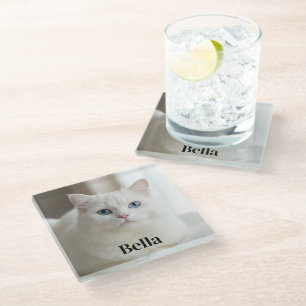 Dessous-de-verre En Verre Sous-verre photo personnalisé avec chat blanc neig
