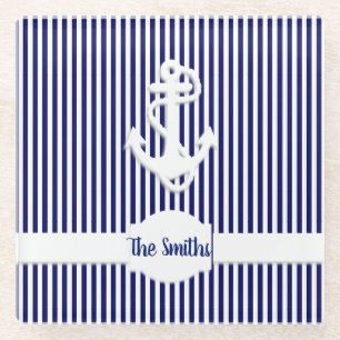 Dessous-de-verre En Verre Stripes et Ancre Monogramme ou nom personnalisé