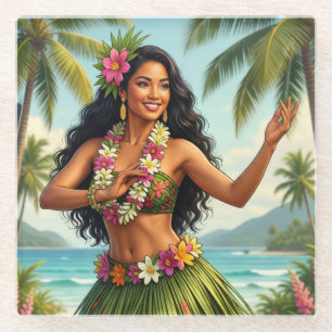 Dessous-de-verre En Verre Style Vintage Fille Hula Hawaïen Voyage