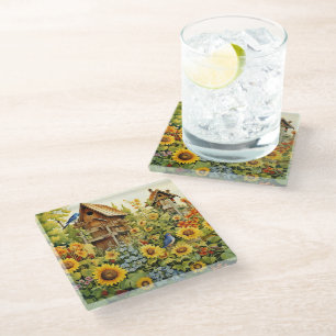 Dessous-de-verre En Verre Sunflower Garden Bird Maisons Oiseaux bleus