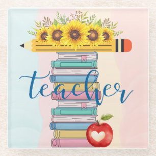 Dessous-de-verre En Verre T est pour Professeur Floral Livres Crayon Pomme