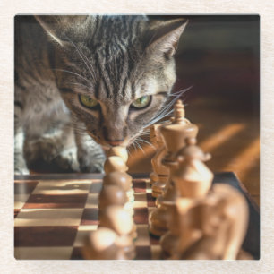 Dessous-de-verre En Verre Tabby Cat Jouer Aux Échecs