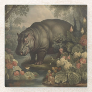 Dessous-de-verre En Verre Tableau botanique vintage d'un hippo et de fleurs