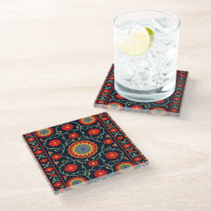 Dessous-de-verre En Verre Tapis floral bohème vintage cramoisi