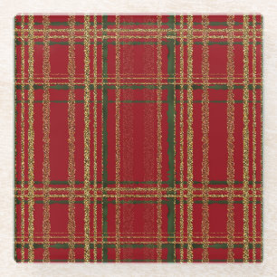 Dessous-de-verre En Verre Tartan de Noël Rouge, Vert et Or Pailleté